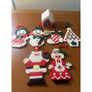 Vtg Needlepoint Plastic Canvas Ornaments Mr & Mrs Claus, Snowmen, More